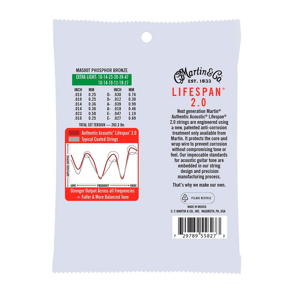 Enc. Para Guitarra Martin MA500T Authentic Acoustic Life Span, 12s Extra light, Phosphor Bronze